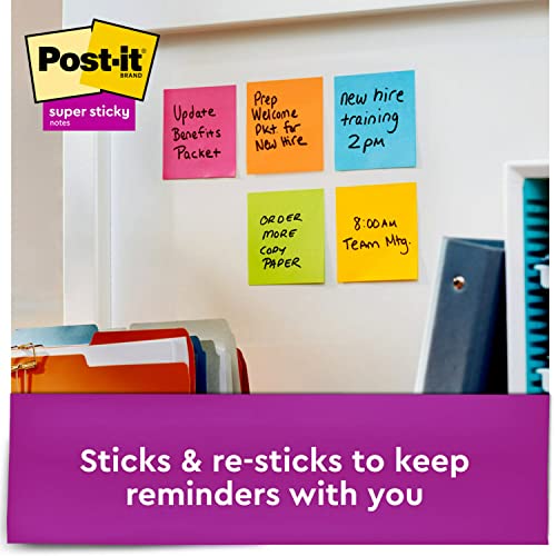 Post-it Super Sticky Notes, 3x3 in, 6 Pads, 2x the Sticking Power, Energy Boost Collection, Bright Colors (Orange, Pink, Blue, Green,Yellow),Recyclable (654-6SSAU)