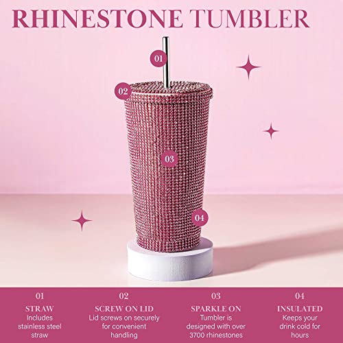 Paris Hilton Diamond Bling Water Tumbler With Lid And Straw, Vacuum Insulated Stainless Steel, Bedazzled With Over 3700 Rhinestones, 16.9-Ounce, Pink