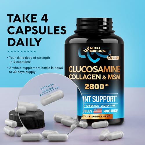 NUTRAHARMONY Glucosamine | MSM | Collagen - 2800 mg Joint Support Supplement - Made in USA - FSA HSA Eligible - Cartilage Health, Mobility & Strength - Flexibility Nutritional Vitamins, 120 Capsules