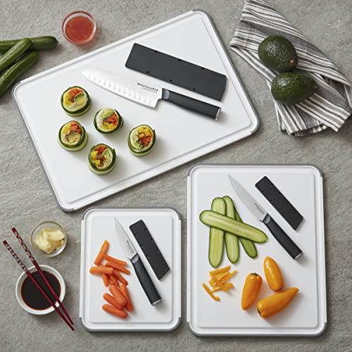 KitchenAid Classic Plastic Cutting Board with Perimeter Trench and Non Slip Edges, Dishwasher Safe, 11 inch x 14 inch, White and Gray