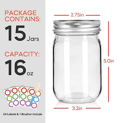 Mcupper Mason Jars 16 oz with Lids and Bands, 15 Pack Regular Mouth Canning Jars, Clear Glass Jars for Canning, Food Storage and Fermenting, Labels & Brusher Included - Microwave & Dishwasher Safe