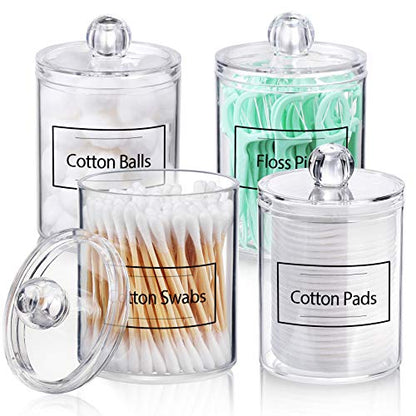 4 PACK Qtip Holder Dispenser for Cotton Ball, Cotton Swab, Cotton Round Pads, Floss Picks - 10 oz Clear Plastic Apothecary Jar Set for Bathroom Canister Storage Organization, Vanity Makeup Organizer