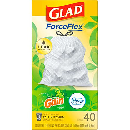 GLAD ForceFlex Tall Drawstring Trash Bags, 13 Gallon White Bags for Kitchen Can, Gain Original Scent to Eliminate Odors, 40 Count