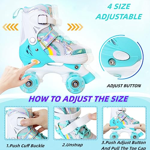 Nattork Roller Skates with Light Up Wheels for Girls, 4 Size Adjustable Quad Skates for Toddler Beginner Kids Outdoor Indoor Rollerskate Sports Ages 3-8 Teal