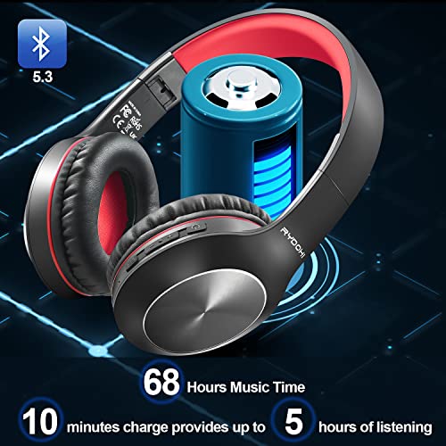 Rydohi Bluetooth Headphones Over Ear,68H Playtime and 3 EQ Music Modes Wireless Headphones with Microphone/Deep Bass, HiFi Stereo Foldable Lightweight Headset for PC Home Travel Office (Black Red)