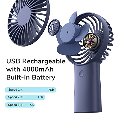 JISULIFE Handheld Mini Fan [20Hrs Cooling] USB Rechargeable 4000mAh Portable Fan, Battery Operated Hand Fan for Travel/Makeup/Eyelash/Face/Summer-Blue