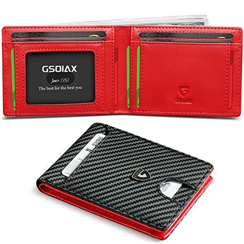 GSOIAX Mens Slim Wallet RFID Blocking Bifold wallets for men Minimalist Genuine Leather Carbon Fiber Card Holder Money Clip Thin Mens with Gift Box (Carbon Black and Red)