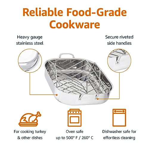 Amazon Basics Stainless Steel Rectangular Roasting Pan with Rack, 16-Inch