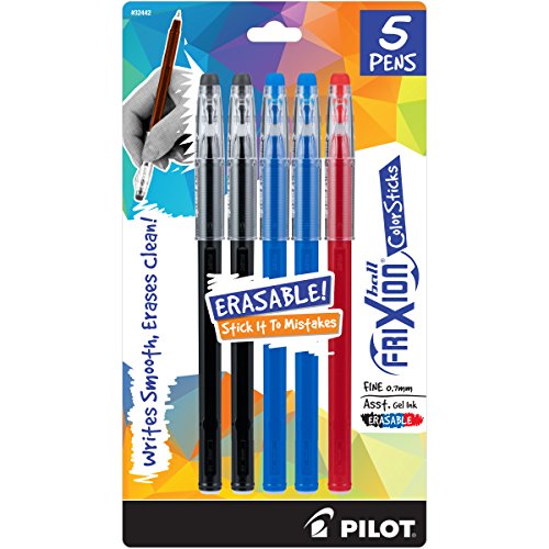 PILOT FriXion ColorSticks Erasable Gel Ink Stick Pens, Fine Point, 2 Black/2 Blue/1 Red Inks, 5-Pack (32442)