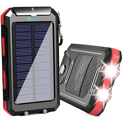 Solar Charger, 20000mAh Solar Power Bank, Waterproof Portable Charger with Dual 5V USB Port/LED Flashlight Compatible with All Smartphone External Battery Pack Perfect for Outdoor/Camping/Trip(Red)