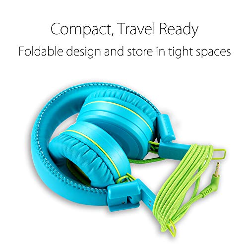 Kids Headphones-noot products K22 Foldable Stereo Tangle-Free 5ft Long cord 3.5mm Jack Plug in Wired On-Ear Headset for iPad/Amazon Kindle,Fire/Boys/Girls/Laptop/School/Travel/Plane/Tablet (Teal/Lime)