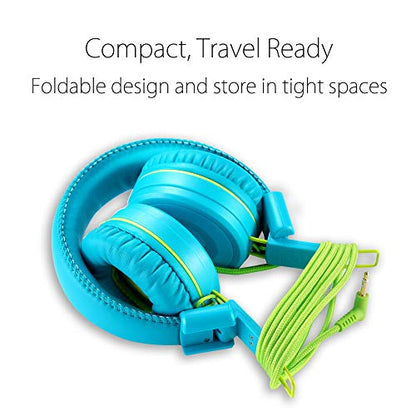 Kids Headphones-noot products K22 Foldable Stereo Tangle-Free 5ft Long cord 3.5mm Jack Plug in Wired On-Ear Headset for iPad/Amazon Kindle,Fire/Boys/Girls/Laptop/School/Travel/Plane/Tablet (Teal/Lime)