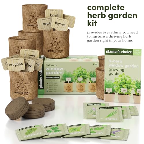 9 Herb Indoor Window Garden Kit - House Plants Seeds - Best Unique Gift Ideas for Women, Mom, Friend, Her, Birthday, Housewarming, Mother - New Home Kitchen Gifts - Live Plant Starter (Burlap Pots)