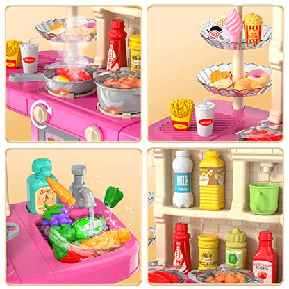 Kids Kitchen Playset for Toddlers Girls, Toy Sets Pretend Play Food Toy with Chair for Kids Ages 3-8, Kitchen Accessories Set with Light Sound Spray