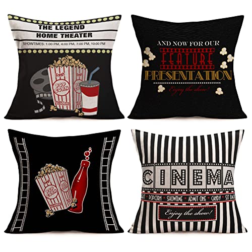 Aremetop Movie Theater Throw Pillow Covers Vintage Cinema Ticket with Popcorn Cola,Filmstrip Printed Home Decorative Pillowcase Cotton Linen Sofa Couch Throw Pillow Cushion Cover 18 X 18 Inch,Set of 4