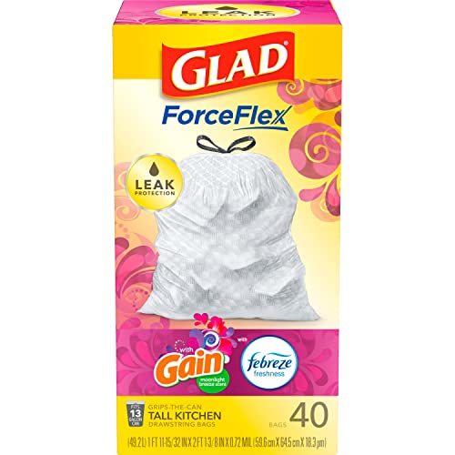 Glad Tall Kitchen Quick-Tie Trash Bags, OdorShield 13 Gallon White Trash Bag, Gain Moonlight Breeze with Febreze Freshness