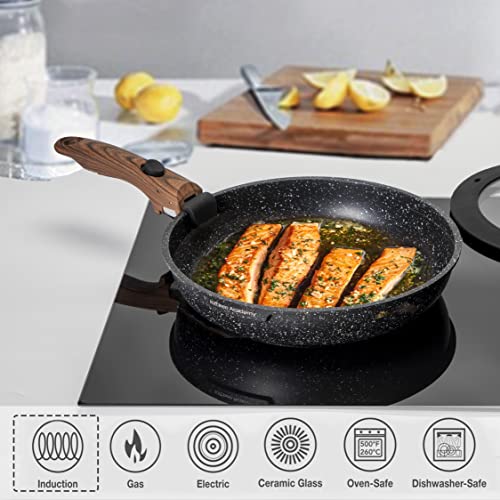 Kitchen Academy Detachable Handle Induction Cookware Sets - 10 Piece Non-stick Cooking Pots and Pans, Black Granite Stackable RV Cookware for Camp