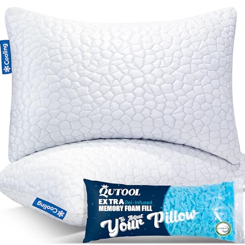 QUTOOL Cooling Pillows for Sleeping, Memory Foam Pillows 2 Pack, Bed Pillows King Size Set of 2 Gel Infused Adjustable Pillow with Bamboo & Cooling Pillow Cover Firm Pillow for Side and Back Sleepers