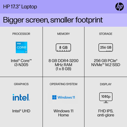 HP 17.3" FHD Laptop, Intel Core i3-N305, 8GB RAM, 256GB SSD, Natural Silver, Windows 11 Home, 17-cn3034wm