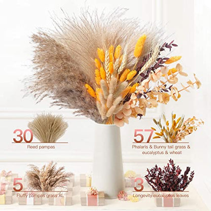 HUMINBO Fall Decor Autumn Decorations for Home Boho Flowers Orange Pampas Grass Fluffy Dried Flower Bouquet Dry Pompas 17"-95-Pcs Pompous (Orange)