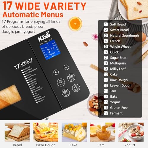 KBS 17-in-1 Bread Maker-Dual Heaters, 710W Machine Stainless Steel with Gluten-Free, Dough Maker,Jam,Yogurt PROG, Auto Nut Dispenser,Ceramic Pan& Touch Panel, 3 Loaf Sizes 3 Crust Colors,Recipes