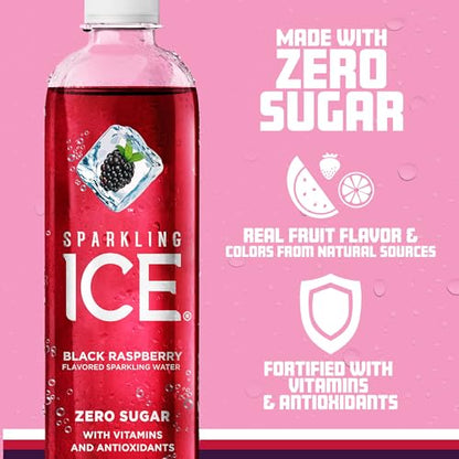 Sparkling Ice, Black Raspberry Sparkling Water, Zero Sugar Flavored Water, with Vitamins and Antioxidants, Low Calorie Beverage, 17 fl oz Bottles (Pack of 12)