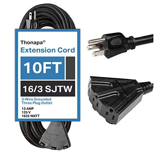THONAPA Black Extension Cord 10 ft with 3 Outlets, 10ft Outdoor Extension Cord with Multiple Outlets 3 Prong, 16/3 SJTW Pigtail Cable for Indoor/Outdoor Great for Home, Office, Lawn Mower, Landscaping