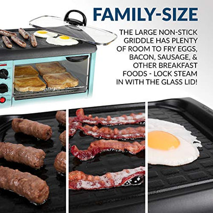 Nostalgia 3-in-1 Breakfast Station - Includes Coffee Maker, Non-Stick Griddle, and 4-Slice Toaster Oven - Versatile Breakfast Maker with Timer - Aqua