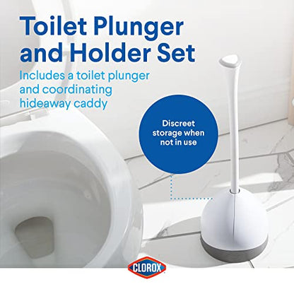 Clorox Toilet Plunger with Hideaway Storage Caddy, 6.5” x 6.5” x 19.5”, White/Gray