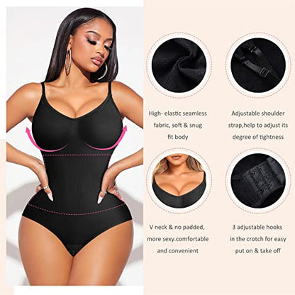 BRABIC Bodysuit Shapewear for Women Tummy Control Panties Seamless Sleeveless Tops V-Neck Camisole Jumpsuit (Black, Medium/Large)