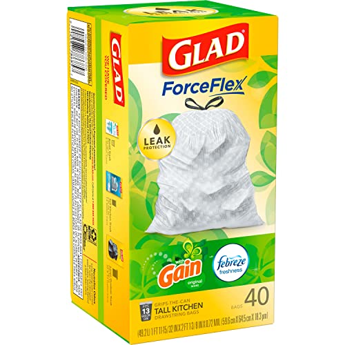 GLAD ForceFlex Tall Drawstring Trash Bags, 13 Gallon White Bags for Kitchen Can, Gain Original Scent to Eliminate Odors, 40 Count