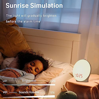 Wake Up Light Sunrise Alarm Clock for Kids, Heavy Sleepers, Bedroom, with Sunrise Simulation, Fall Asleep, Dual Alarms, FM Radio, Snooze, Nightlight, Colorful Lights, 7 Natural Sounds, Ideal for Gift