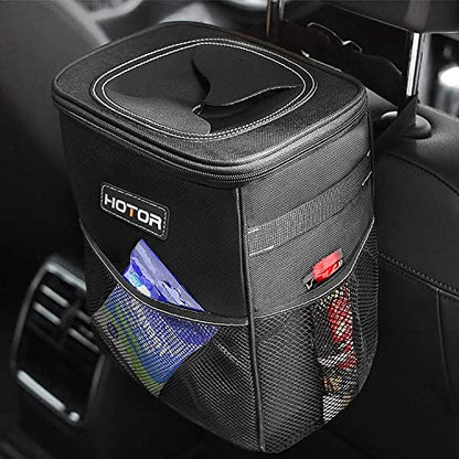 HOTOR Trash Can with Lid and Storage Pockets, 100% Leak-Proof Organizer, Waterproof Garbage Can, Multipurpose Trash Bin for Car - Black