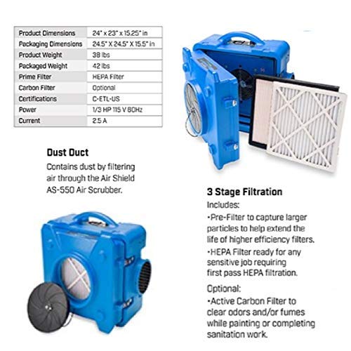 BlueDri BD-AS-550-BL Negative Machine Airbourne Cleaner HEPA Scrubber Water Damage Restoration Equipment Air Purifier, Blue