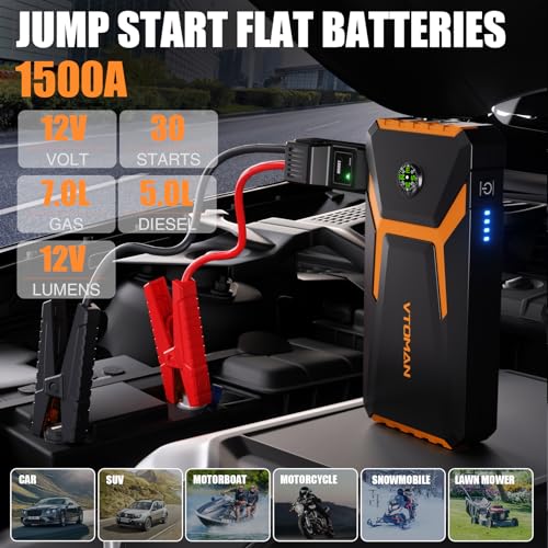 VTOMAN V6 Jump Starter, 1500A Peak Portable Jump Starter Box (Up to 7L Gas/5L Diesel Engines) for 12V Car Automobiles Lithium Auto Battery Booster Pack with Power Bank Charger, Jumper Cables(Orange)