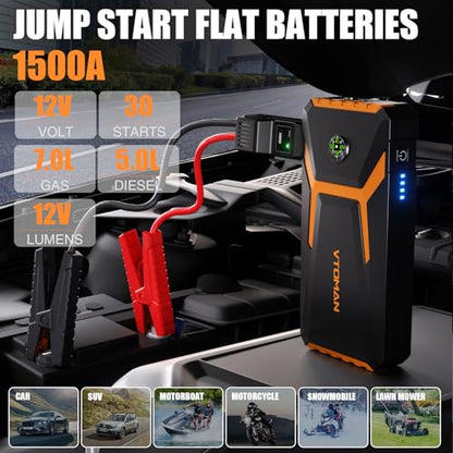 VTOMAN V6 Jump Starter, 1500A Peak Portable Jump Starter Box (Up to 7L Gas/5L Diesel Engines) for 12V Car Automobiles Lithium Auto Battery Booster Pack with Power Bank Charger, Jumper Cables(Orange)