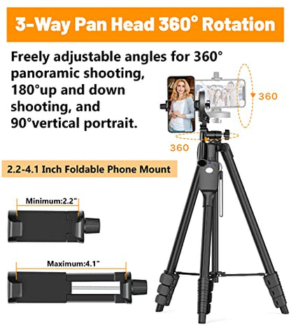 XXZU 60" Camera Tripod with Travel Bag,Cell Phone Tripod with Remote,Professional Aluminum Portable Tripod Stand with Phone Tripod Mount&1/4”Screw,Compatible with Phone/Camera/Projector/DSLR/SLR