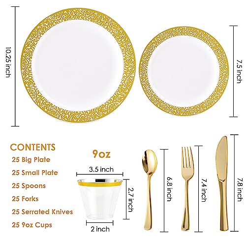 150 Count Gold Dinnerware Set, Elegant Plastic Plates Disposable Include: 25 Gold Lace Plastic Plates, 25 Dessert Plates, 25 Forks, 25 Knives, 25 Spoons, 25 Cup, Ideal for Party, Birthday