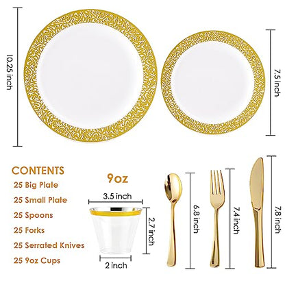 150 Count Gold Dinnerware Set, Elegant Plastic Plates Disposable Include: 25 Gold Lace Plastic Plates, 25 Dessert Plates, 25 Forks, 25 Knives, 25 Spoons, 25 Cup, Ideal for Party, Birthday
