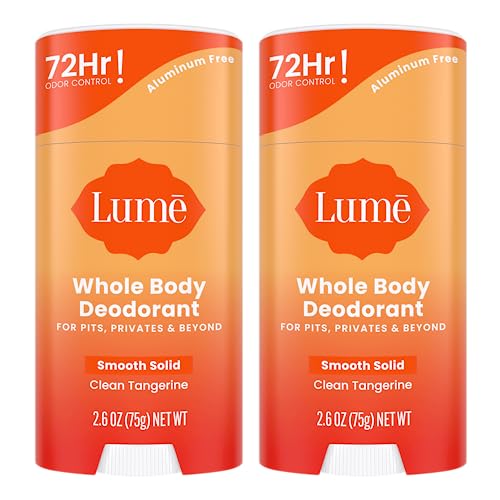 Lume Whole Body Deodorant - Smooth Solid Stick - 72 Hour Odor Control - Aluminum Free, Baking Soda Free and Skin Safe - 2.6 Ounce (Pack of 2) (Clean Tangerine)