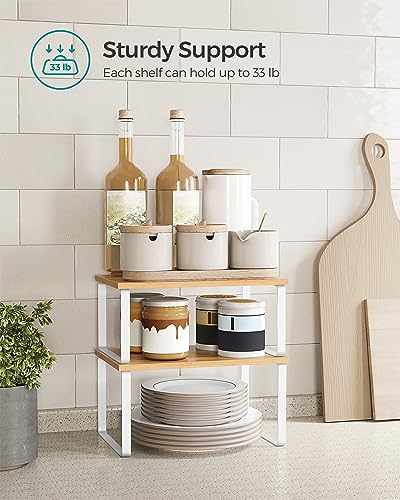 SONGMICS Cabinet Organizer Shelf, Set of 2 Kitchen Counter Shelves, Kitchen Storage, Spice Rack, Stackable, Expandable, Metal and Engineered Wood, White and Natural UKCS02NW