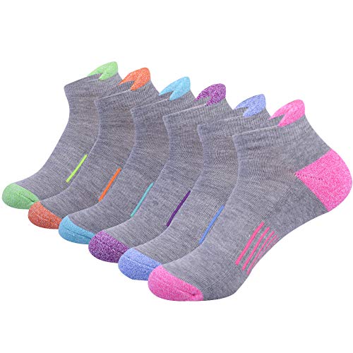 JOYNÉE Womens Ankle Athletic Low Cut Tab Socks Cushioned Running Sports 6 Pack,Grey,Sock Size 9-11