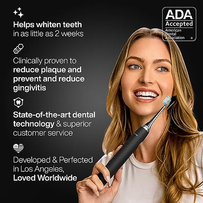 Aquasonic Black Series Ultra Whitening Toothbrush – ADA Accepted Power Toothbrush - 8 Brush Heads & Travel Case – 40,000 VPM Electric Motor & Wireless Charging - 4 Modes w Smart Timer