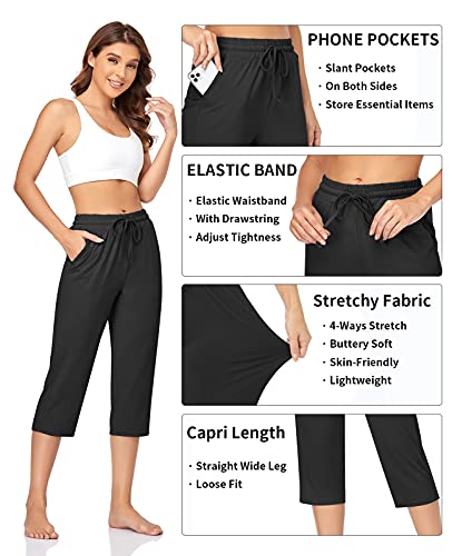 TARSE Womens Yoga Pants Plus Size Capris Stretch Workout Exercise Sweatpants Loose Sweat Crop Pants Pockets (Black,4XL), Soft