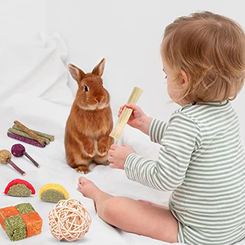 VESPRO Rabbit Toys Bunny Toys for Rabbits Hamster Toys Guinea Pig Toys Natural Timothy Hay Sticks Chew Treats and Balls for Rabbit, Bunny, Chinchilla, Guinea Pig, Hamster, Bunny Teeth Care