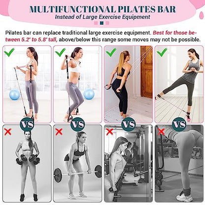 Pilates Bar Kit with Resistance Bands, Multifunctional Yoga Pilates Bar with Heavy-Duty Metal Adjustment Buckle, Portable Home Gym Pilates Resistance Bar for Women Full Body Workouts(20-150LBS)-Pink