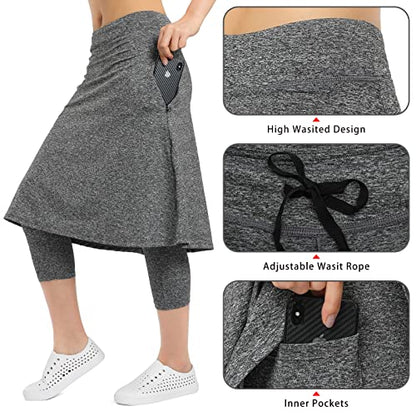 Women Knee Length Skirts with Leggings,Skirted Leggings Skorts Capris for Women Zipper Pockets(Grey Charcoal S)