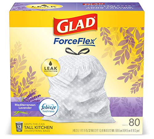 Glad OdorShield Tall Kitchen Drawstring Trash Bags - Febreze Mediterranean Lavender - 13 Gallon - 80 Count