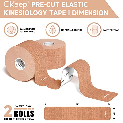 CKeep Kinesiology Tape (2 Rolls), Original Cotton Elastic Premium Athletic Tape,33 ft 40 Precut Strips in Total,Hypoallergenic and Waterproof K Tape for Muscle Pain Relief and Joint Support,Black