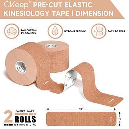 CKeep Kinesiology Tape (2 Rolls), Original Cotton Elastic Premium Athletic Tape,33 ft 40 Precut Strips in Total,Hypoallergenic and Waterproof K Tape for Muscle Pain Relief and Joint Support,Black